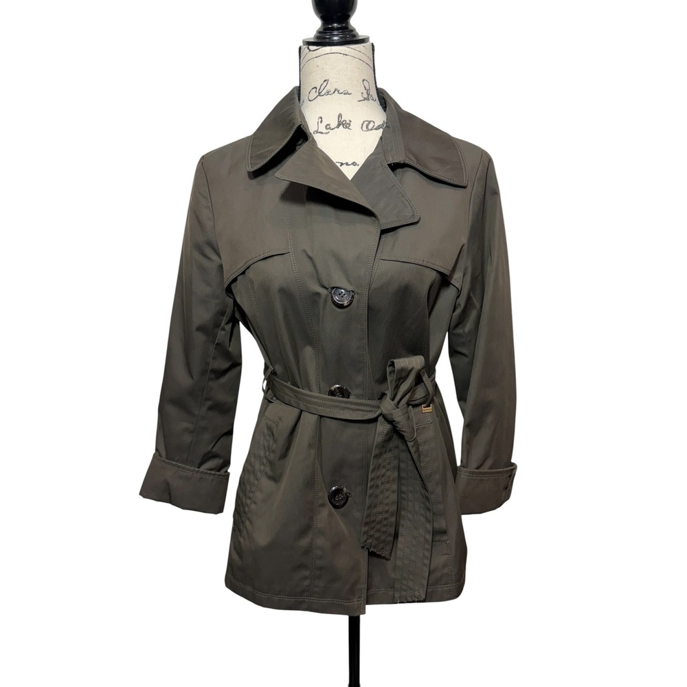 Ellen Tracy Womens Olive Trench Coat Short Rain Jacket PS Spring Fall